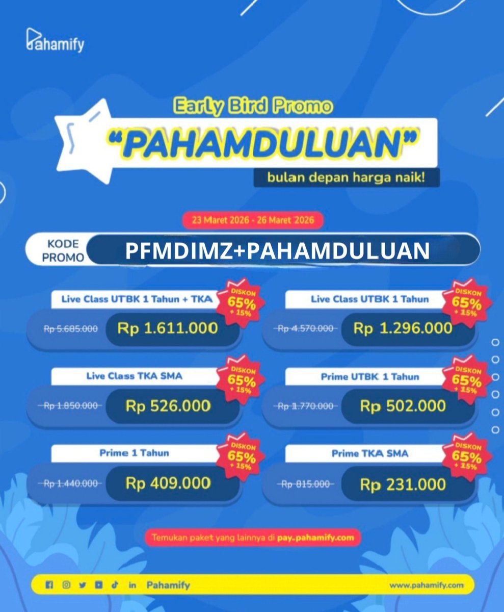 mipykode's tweet photo. Gercepin ambil promonya mipyy !!

REKOMEN :PRIME UTBK 1 TAHUN/LIVE CLASS UTBK

ini masih ada diskonnyaa loh, langsung ke web resmi mipy
(PFMDIMZ+PAHAMDULUAN)

t. mipy utbk bimbel online les snbt ptn tryout mandiri diskon kode promo pahamify les tka les online simak ui ugm undip https://t.co/FcOooYDokX