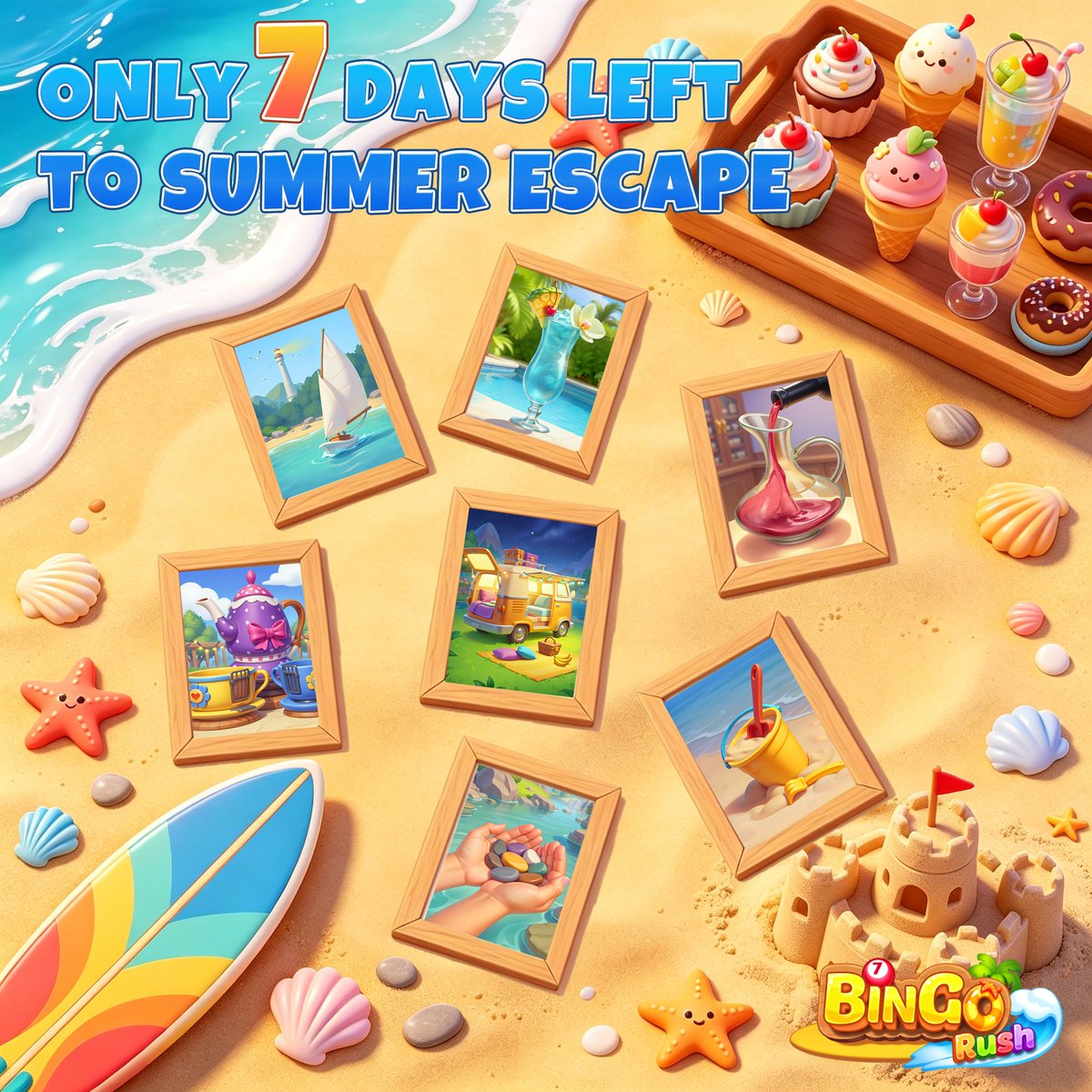 BingoRushGame's tweet photo. ⏳Only 7 Days Left for Summer Escape! Share Your Progress to Claim 7,000 Tickets!

Hurry and chase down the ultimate Summer Escape grand prize before the next theme arrives!🤩

🎁Now, share your gallery progress screenshot + UID below and collect rewards to fuel your escape! https://t.co/ZqwygVbb3I