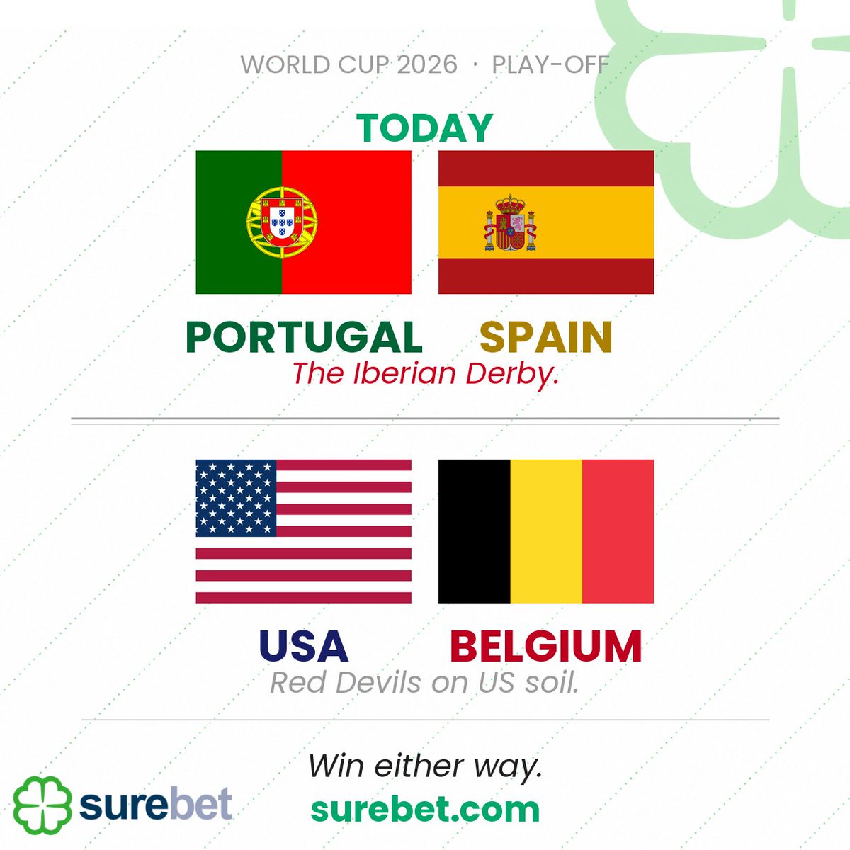 surebetcom's tweet photo. World Cup 2026 play-off spotlight is here.
Portugal vs Spain.
USA vs Belgium.
Big matches create big market movement — and when platforms disagree, the gap becomes visible.
#worldcup2026 #sportsanalytics #arbitrageanalytics #footballmarkets #portugalspain #usabelgium https://t.co/IN7driDuVz