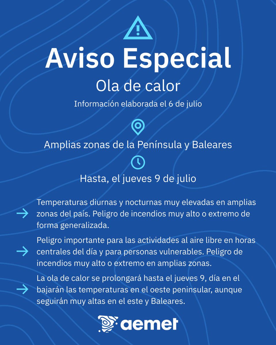 AEMET_Esp's tweet photo. ⚠️ AVISO ESPECIAL | OLA DE CALOR
➡️ El episodio se prolonga hasta el jueves 9 en la Península y Baleares.
➡️ Calor intenso también en Canarias hasta el jueves.
➡️ Consulta avisos en vigor y sigue recomendaciones de Protección Civil.
+ info 👉
https://t.co/48Lsr8QC4f https://t.co/QZDGQDP4Op