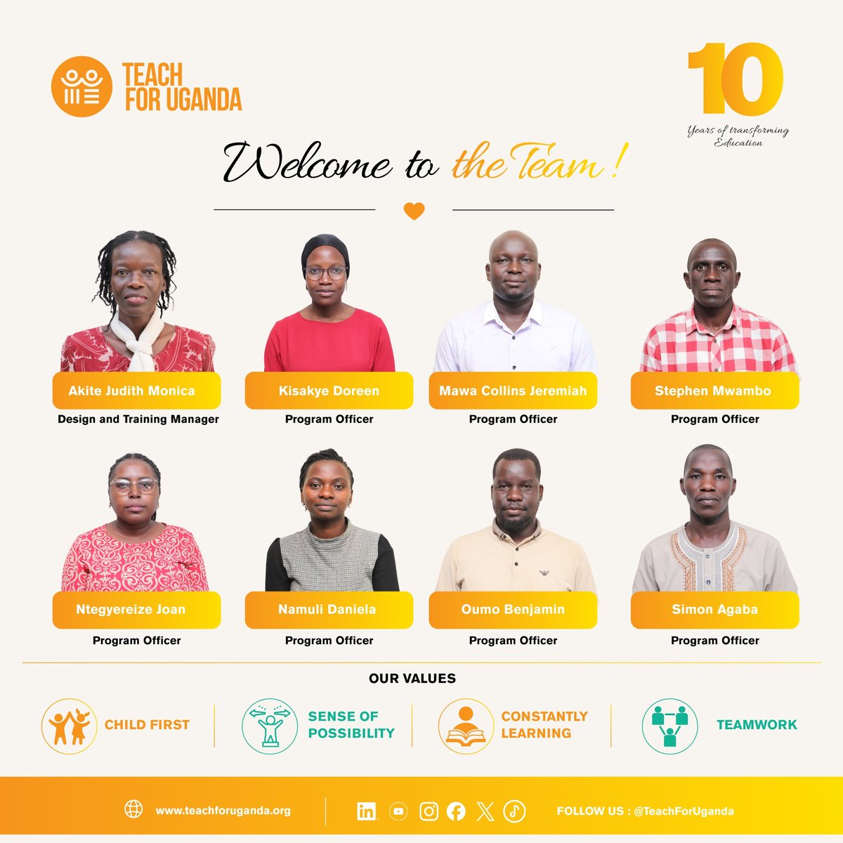TeachForUganda's tweet photo. Our team is growing, and we couldn't be more excited.

Join us in welcoming our newest team members to @TeachForUganda!

#TeachForUganda #LeadersinTeaching #EducationLeadership #TransformingEducation #Leadership #10YearsOfImpact https://t.co/hubsW82spG
