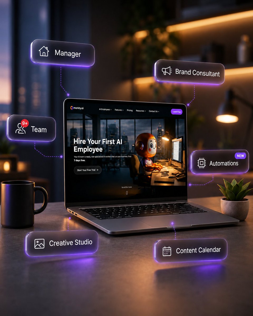 marktyAI's tweet photo. Your AI employee doesn't just answer prompts.

It manages your work, remembers your brand, automates repetitive tasks, and helps you stay consistent.🚀

#marktyai https://t.co/nC5528oVZH
