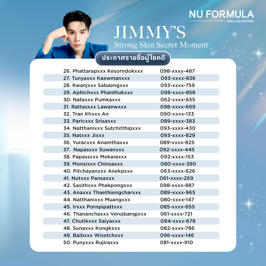 NuFormula_TH's tweet photo. Congratulations to 50 Lucky Fans 💙  
ประกาศรายชื่อผู้โชคดีทั้ง 50 ท่าน ที่ได้รับสิทธิ์เข้าร่วมงาน

NU FORMULA x Jimmy’s Strong Skin Secret Moment เปิดห้องลับผิวแข็งแรงของ Derm Buddy จิมมี่ จิตรพล EXCLUSIVE EVENT

NU FORMULA ขอแสดงความยินดีกับผู้โชคดีทั้ง 50 ท่าน ที่ได้รับสิทธิ์เข้าร่วมโมเมนต์สุดพิเศษในครั้งนี้ ✨

รา��ละเอียดการยืนยันสิทธิ์  📌 
ผู้โชคดี Lucky Fans ทั้ง 50 ท่าน ต้องยืนยันสิทธิ์ โดยสแกน QR Code เพื่อกรอกแบบฟอร์ม หรือลงทะเบียนผ่านลิงก์ด้านล่าง เพื่อยืนยันสิทธิ์เข้าร่วมงาน
ภายในวันที่ 6 - 8 ก.ค. 69 (สิ้นสุดเวลา 18.00 น.) เท่านั้น  https://t.co/DDozuNYLAb

*หากไม่ยืนยันสิทธิ์ภายในวันและเวลาที่กำหนด จะถือว่าสละสิทธิ์ทันที โดยไม่ต้องแจ้ง��ห้ทราบล่วงหน้า และบริษัทฯ ขอสงวนสิทธิ์ในการพิจารณาผู้ได้รับสิทธิ์สำรองตามลำดับที่กำหนด
*สามารถสอบถามรายละเอียดเพิ่มเติมได้ทาง Facebook Messenger  โดยทักข้อความ Inbox มาที่เพจ NU FORMULA
------------------------------------------------
Congratulations to 50 Lucky Fans 💙
We are pleased to announce the 50 selected Lucky Fans who have received the privilege to attend.

NU FORMULA x Jimmy’s Strong Skin Secret Moment
Unlocking the Secret Room of Strong Skin with Derm Buddy Jimmy JitarapholExclusive Event

NU FORMULA sincerely congratulates all 50 selected participants on receiving this special privilege.✨

Confirmation Details
📌 All 50 Lucky Fans must confirm their right to attend by scanning the QR Code to fill out the form, or registering via the link below.
From July 6–8, 2026 only (closing at 18:00).
 https://t.co/DDozuNYLAb

*Failure to confirm within the specified period will be considered an automatic forfeiture without prior notice. The Company reserves the right to allocate the privilege to reserve participants according to the predetermined order.
*For further inquiries, please contact us via DM.
------------------------------------------------
恭喜 50 位 Lucky Fans 💙
NU FORMULA 正式公布获得以下活动参与资格的 50 位幸运者名单：

NU FORMULA x Jimmy’s Strong Skin Secret Moment
 与 Derm Buddy Jimmy Jitaraphol 一同开启强韧肌肤的秘密空间 Exclusive Event

NU FORMULA 谨向所有 50 位获选者表示诚挚祝贺，感谢各位参与本次特别活动。

资格确认及活动详情
📌 所有 50 位获选 Lucky Fans 须扫描 QR Code，或通过以下链接填写登记表，以确认活动参与资格。

仅限 2026年7月6日至8日（截止时间 18:00）。
 https://t.co/DDozuNYLAb
若未在规定日期及时间内确认资格，将视为自动放弃，恕不另行通知，公司保留按指定顺序考虑候补获奖者的权利。

#NUFORMULA #นูฟอร์มูล่า #SecretToStrongSkin #JimmyJitaraphol #DermBuddy