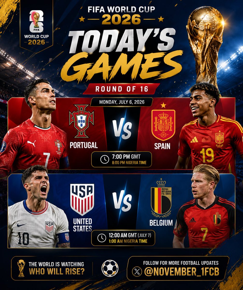 November_1FCB's tweet photo. The 2026 FIFA World Cup round of 16 continues ⚽⚽⚽
Drop your correct score predictions 

2/2 winners 5k

 Portugal 🇵🇹 vs Spain 🇪🇸 
  USA 🇺🇸 vs Belgium 🇧🇪 

Rules: 
•Like,Repost and must be following me
•One entry per person (if you drop multiple predictions, you will be disqualified)