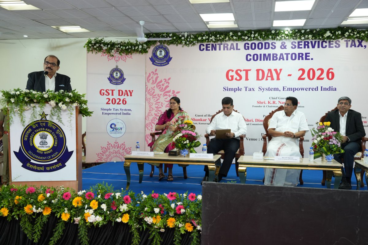 gst_audit's tweet photo. The CGST &amp; Audit Commissionerates, Cbe, celebrated the 9th GST Day on 01.07.2026 on the theme "सुगम कर व्यवस्था, सुशक्त भारत". Shri Dinesh P. Pangarkar, IRS, Smt Rashmi Mishra, IRS, Shri Mathew Jolly, IRS (Retd), Shri K.R. Nagarajan &amp; Shri Shankar Vanavarayar graced the event. https://t.co/j9d5Z6TDhb