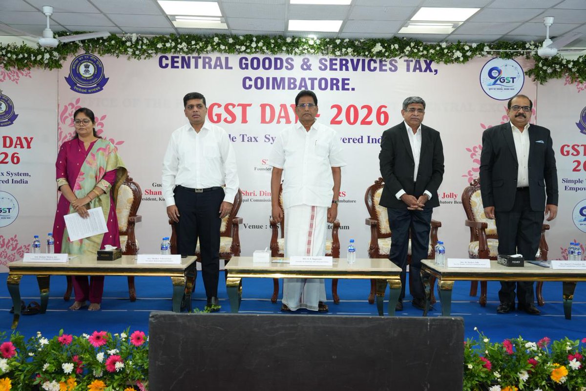 gst_audit's tweet photo. The CGST &amp; Audit Commissionerates, Cbe, celebrated the 9th GST Day on 01.07.2026 on the theme "सुगम कर व्यवस्था, सुशक्त भारत". Shri Dinesh P. Pangarkar, IRS, Smt Rashmi Mishra, IRS, Shri Mathew Jolly, IRS (Retd), Shri K.R. Nagarajan &amp; Shri Shankar Vanavarayar graced the event. https://t.co/j9d5Z6TDhb