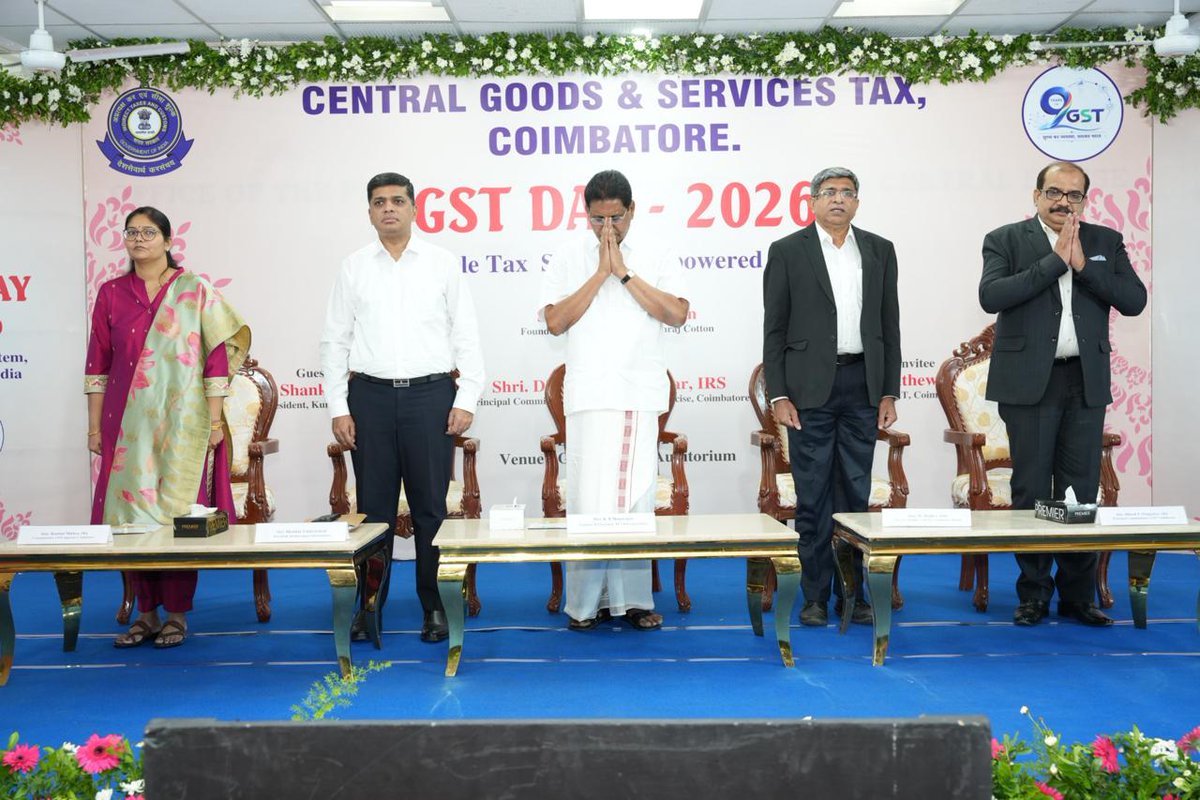 gst_audit's tweet photo. The CGST &amp; Audit Commissionerates, Cbe, celebrated the 9th GST Day on 01.07.2026 on the theme "सुगम कर व्यवस्था, सुशक्त भारत". Shri Dinesh P. Pangarkar, IRS, Smt Rashmi Mishra, IRS, Shri Mathew Jolly, IRS (Retd), Shri K.R. Nagarajan &amp; Shri Shankar Vanavarayar graced the event. https://t.co/j9d5Z6TDhb