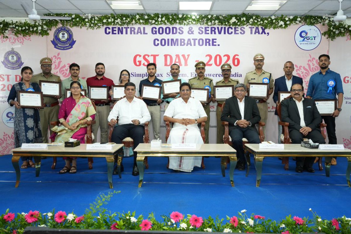 gst_audit's tweet photo. The CGST &amp; Audit Commissionerates, Cbe, celebrated the 9th GST Day on 01.07.2026 on the theme "सुगम कर व्यवस्था, सुशक्त भारत". Shri Dinesh P. Pangarkar, IRS, Smt Rashmi Mishra, IRS, Shri Mathew Jolly, IRS (Retd), Shri K.R. Nagarajan &amp; Shri Shankar Vanavarayar graced the event. https://t.co/j9d5Z6TDhb