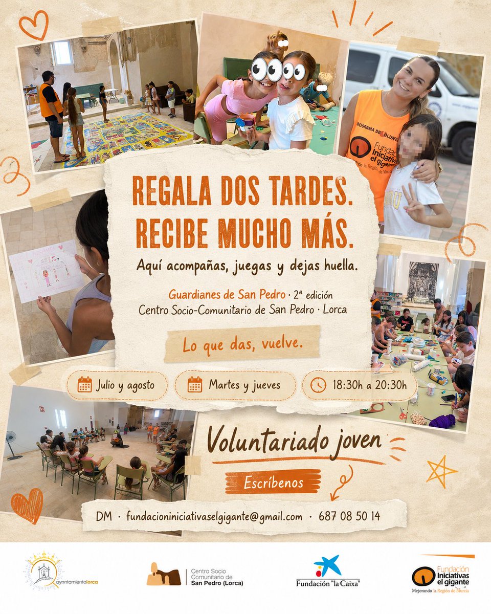 FundacionIEG's tweet photo. Regala dos tardes.
Recibe mucho más.
Buscamos jóvenes voluntarios/as para acompañar, jugar y compartir verano en el Centro Socio-Comunitario de San Pedro, Lorca.
Julio y agosto
Martes y jueves
18:30 h a 20:30 h

DM · 687 08 50 14 https://t.co/BCr0wy1q4S