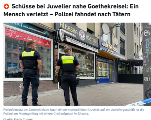 Taykra's tweet photo. #Hannover: Schüsse bei Überfall auf Juwelier: Ein Mann verletzt. Beim Opfer soll es sich um den Bruder des Besitzers handeln. Beim Verlassen des Juweliers soll ihm ein Täter ins Bein geschossen haben. Freund der Familie: „Ich erkenne Hannover nicht wieder“https://t.co/S97i7AKGMI https://t.co/FVUkosbxVO
