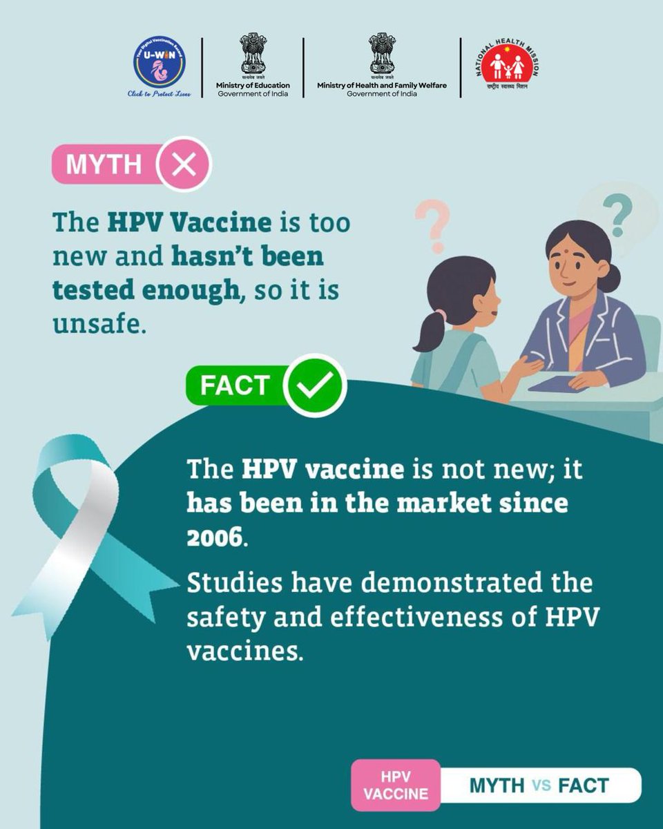 EduMinOfIndia's tweet photo. Since 2006, HPV vaccine is being used globally. 

Over the years, robust scientific studies and continuous safety surveillance have reaffirmed its strong safety profile and effectiveness in preventing cervical cancer.

Vaccination remains a key public health intervention for cancer prevention.

Register and book an appointment for HPV vaccination on the U-WIN digital platform: https://t.co/n6WEUknlQu

#HPVVaccine #CervicalCancer #SwasthNariViksitBharat