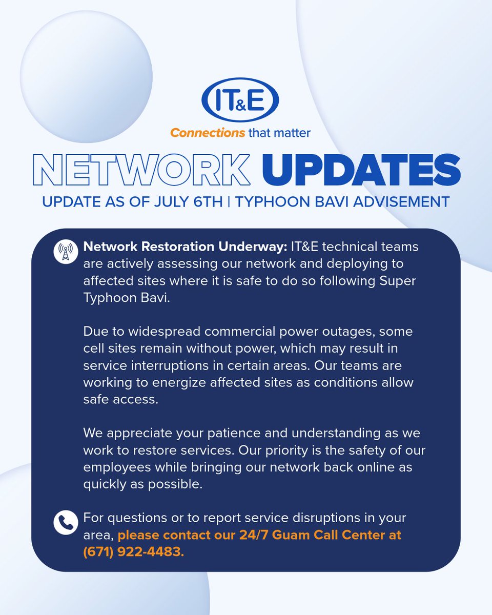 ITEGuam's tweet photo. Network Update | July 6th, 2026

For questions or to report service disruptions in your area, please contact our 24/7 Guam Call Center at (671) 922-4483. https://t.co/IY10n44x2K