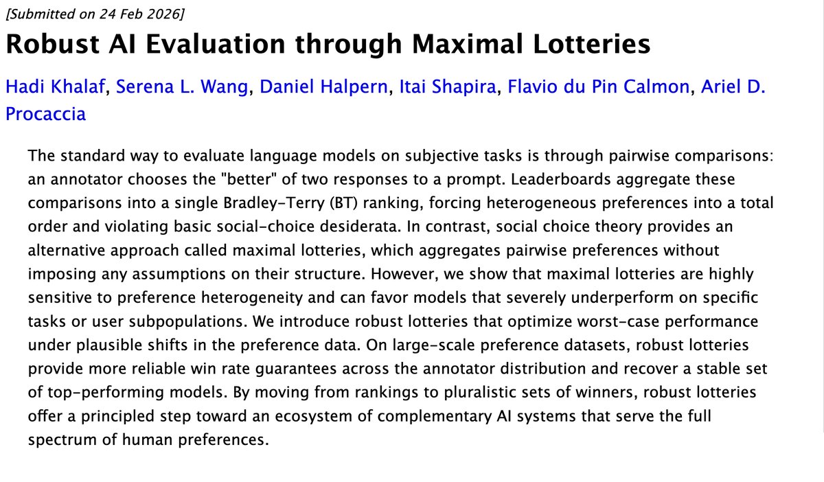 IShapira1's tweet photo. On Wednesday morning (#4116) @hskhalaf and I are also presenting our work on AI evaluations using Maximal Lotteries!

https://t.co/jUDQLpEWHA https://t.co/BuEk2hXzpX