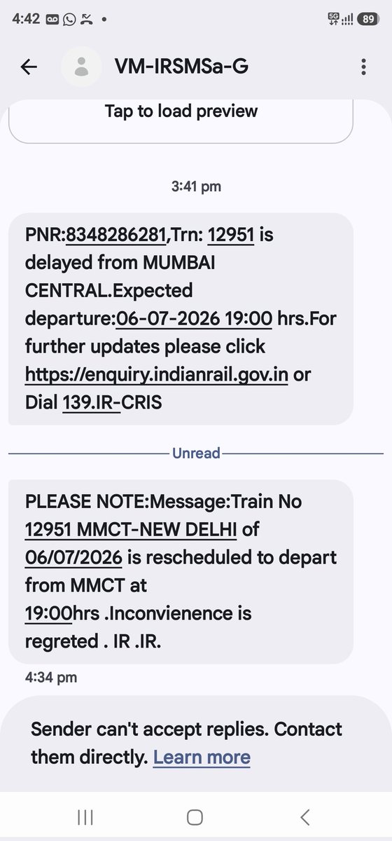 keval_dedhia's tweet photo. Conflicting info from @RailwaySeva! CRIS SMS says Train 12951 (Rajdhani) is delayed to 19:00 hrs, but 139 customer care insists it's "On Time" for 17:00. Which official source should passengers trust? Absolute chaos.
​PNR: 8348286281.Please clarify! @AshwiniVaishnaw https://t.co/ALR4I4JMli