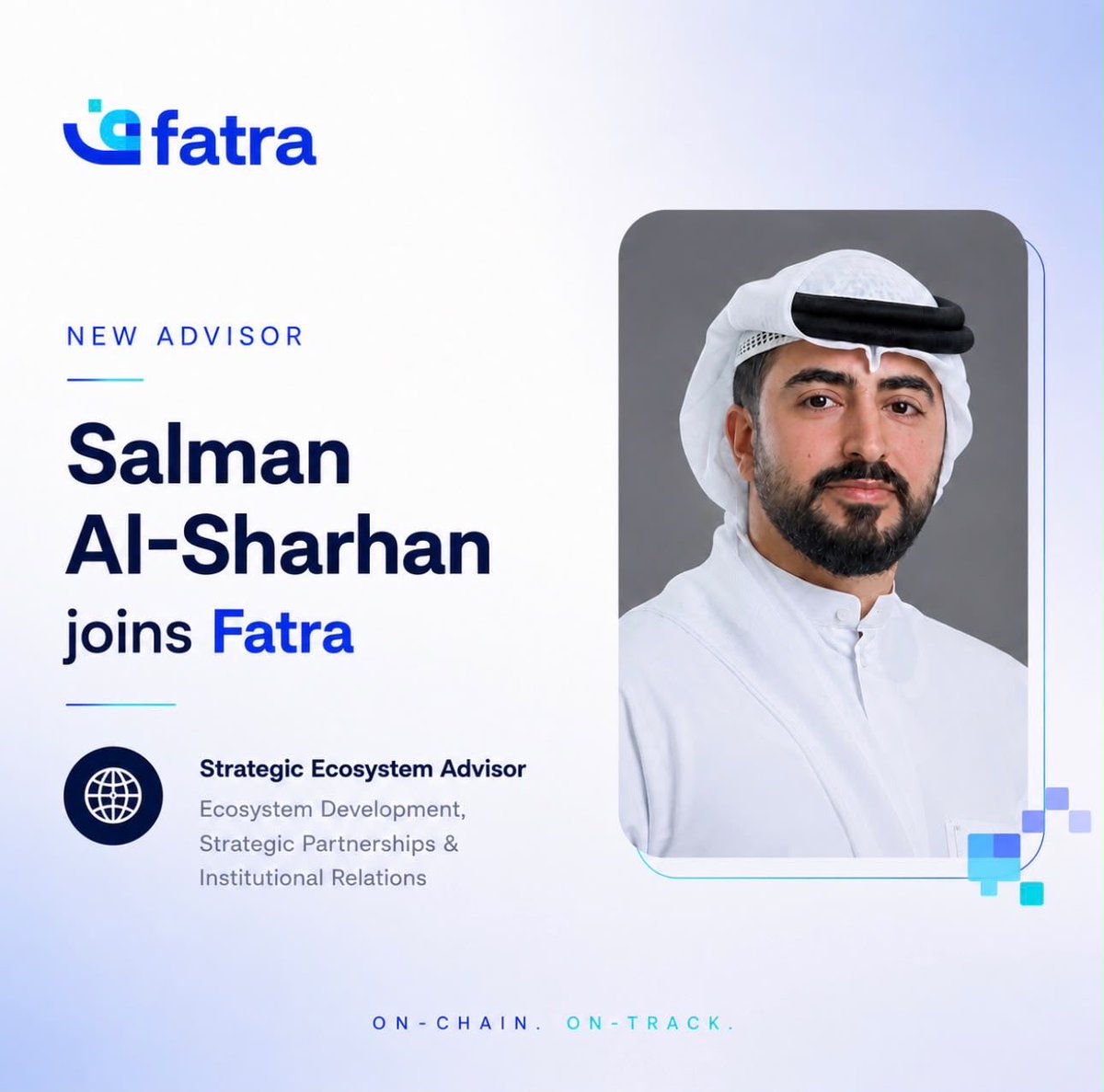FatraLabs's tweet photo. We are pleased to welcome Salman Al-Sharhan as Strategic Ecosystem Advisor at Fatra

Bringing experience in ecosystem development and strategic partnerships across the region. Welcome, Salman. https://t.co/5qtRI9DiN7