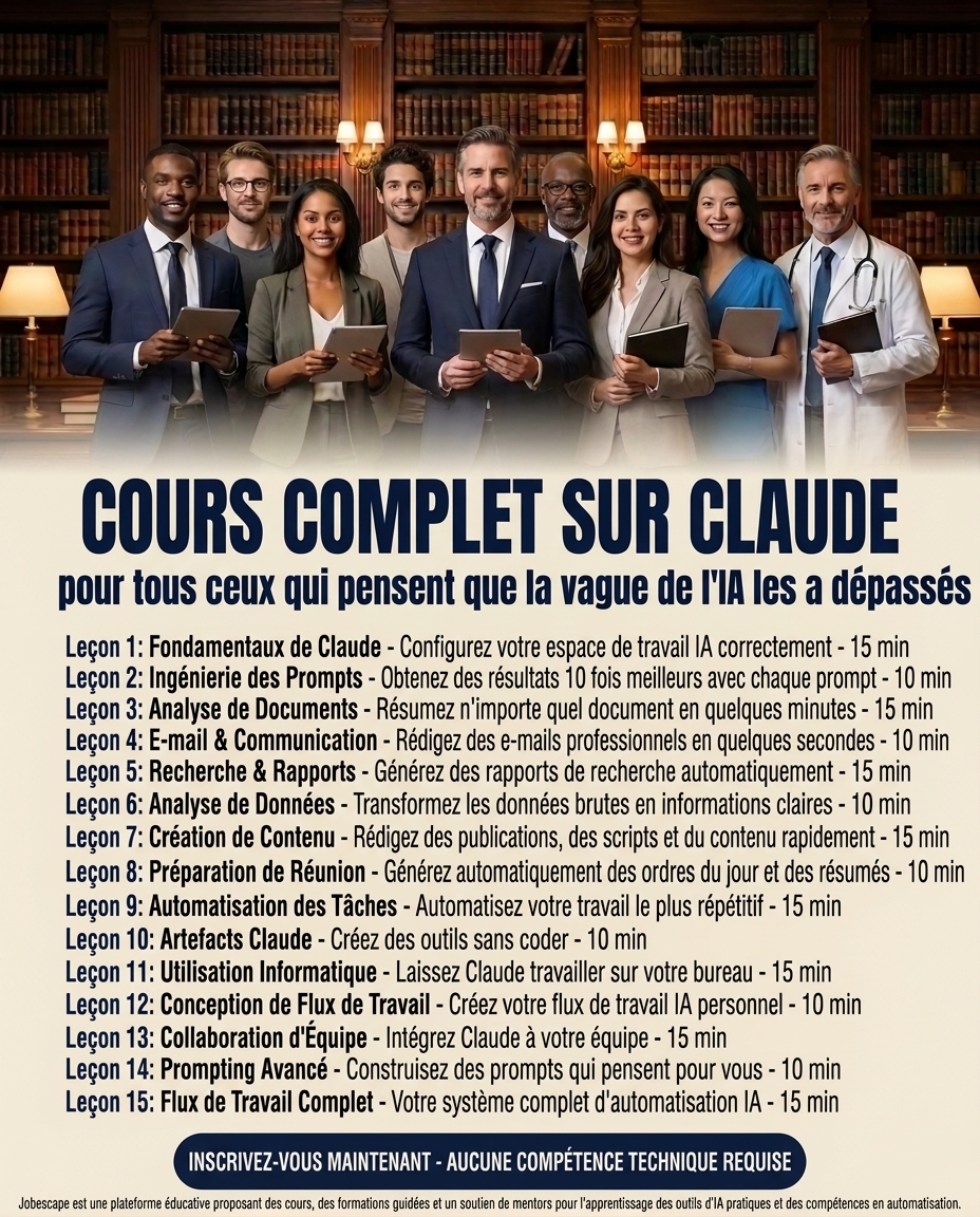 jobescape_ai's tweet photo. Cours complet sur Claude

Maîtrisez Claude pour automatiser les tâches répétitives, créer des applications sans coder, réaliser de vrais projets pour votre portfolio et devenir plus performant au travail.