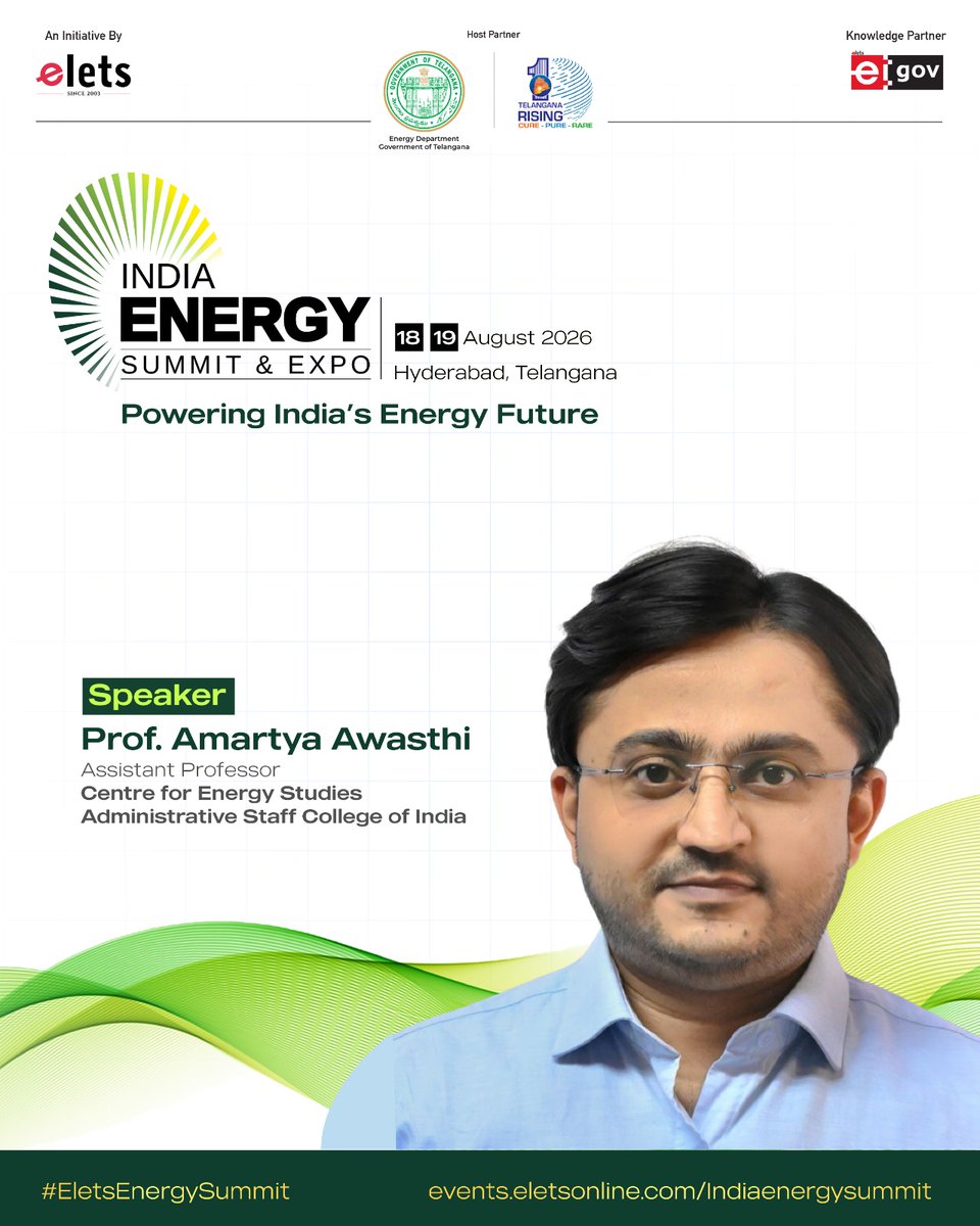 egovonline's tweet photo. We welcome Prof. Amartya Awasthi, Assistant Professor, Centre for Energy Studies, Administrative Staff College of India (ASCI), as a distinguished speaker at the India Energy Summit & Expo 2026.
ππ±π©π«ππ¬π¬ ππ§πππ«ππ¬π: https://t.co/ri5PHcoQ4x
#EletsEnergySummit https://t.co/YxXFX7oEu2