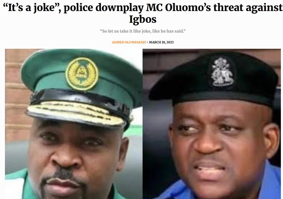 RBiakpara's tweet photo. "Record me if you like, we will invoke our Lagos deities to chase you Igbo people out of Lagos. We will inherit all you Igbos have in Lagos".

When Remi Tinubu made this statement, you all said it was a joke taken out of context.

When MC Oluomo threatened Igbos during the last election, it was the police themselves that were making excuses for him. And of course, you all defended it.

The effects of statements and actions like that, still go on to this day but you are blind to them.

Alex Onyia is a private citizen and his programme has a defined scope, but you suddenly "recognise" bigotry and discrimination.

I'm not here to call you a demon. Your words and actions are enough evidence of that.

#ImWalkingAway