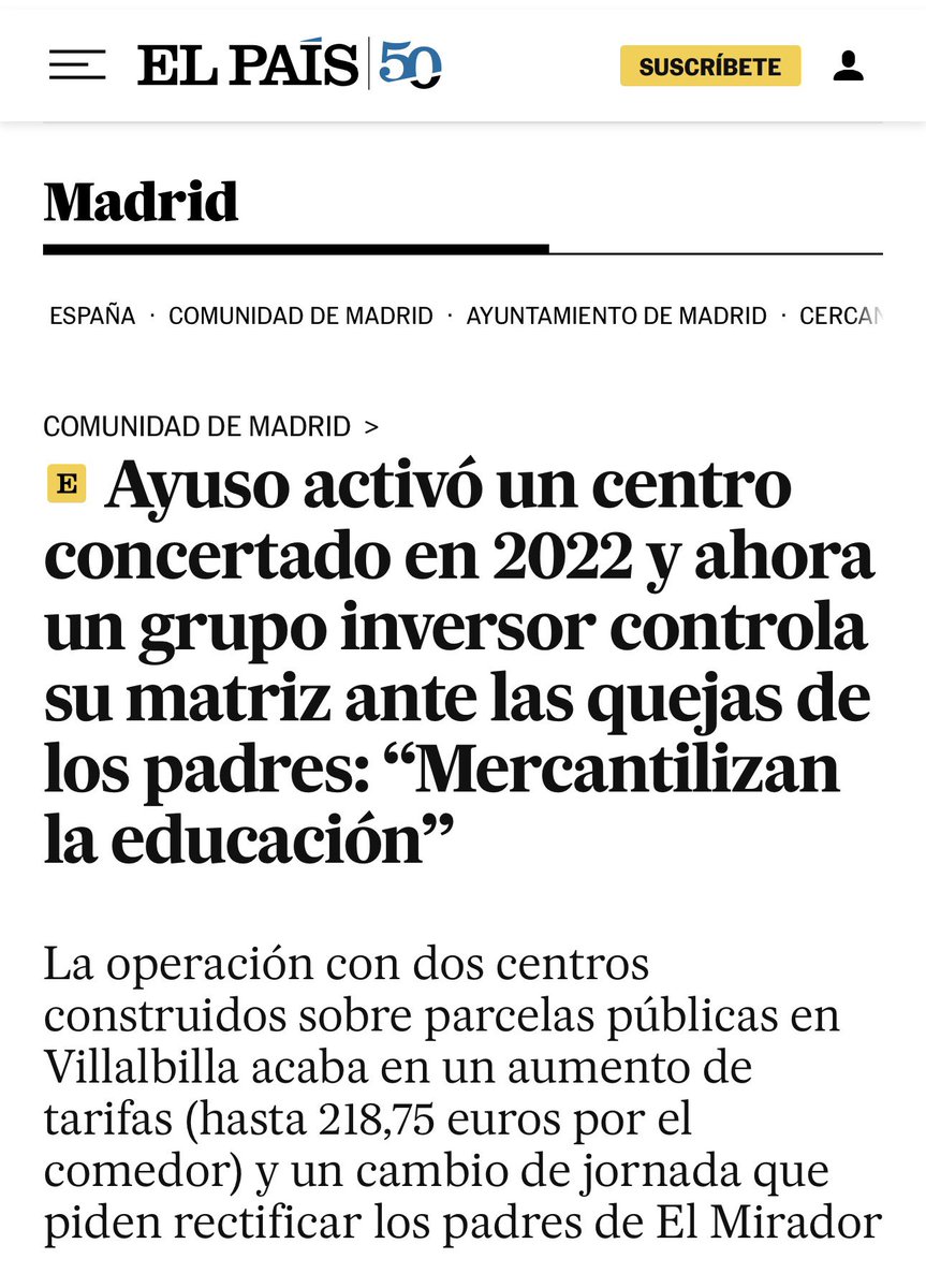 manuelabergerot's tweet photo. El modelo Ayuso en tres pasos:

1. Tus impuestos levantan el colegio.
2. Un fondo lo compra por cuatro duros.
3. Te cobran 600€ al mes por servicios que deberían ser gratuitos.

La educación de nuestros hijos no es un activo financiero.
https://t.co/180UHEwiMh https://t.co/s4sctCsdKn