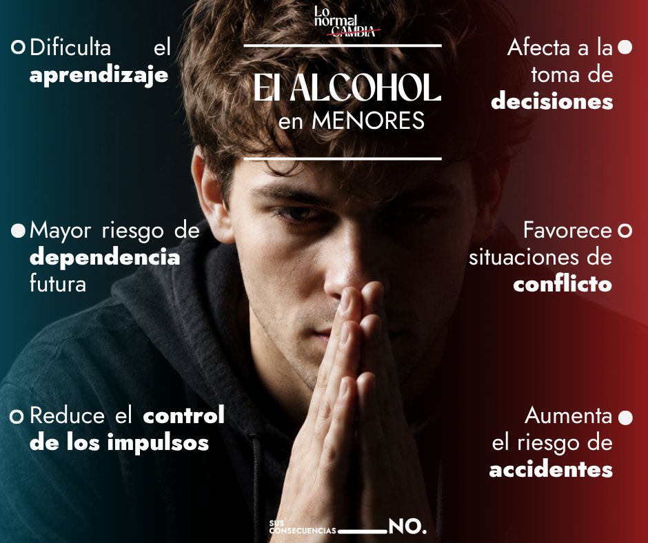 ayto_merida's tweet photo. El alcohol en menores no es inofensivo.

Puede afectar al aprendizaje, a la toma de decisiones y al control de los impulsos. También aumenta el riesgo de accidentes y de dependencia futura.

Lo normal cambia. Sus consecuencias no. https://t.co/tMuymnSg0M