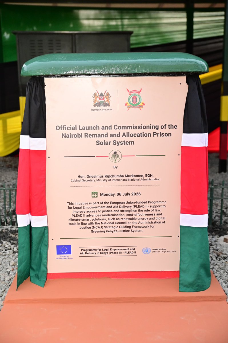 CorrectionalKE's tweet photo. A solar-powered hybrid system has been launched at the Nairobi Remand and Allocation Maximum Security Prison as efforts to enhance access to justice within correctional settings gathers pace.
The facility, which was commissioned by Energy and Petroleum Cabinet Secretary Opiyo Wandayi on Monday, was installed through the Programme for Legal Empowerment and Aid Delivery in Kenya – Phase Two (PLEAD II), funded by the European Union, and implemented by the United Nations Office on Drugs and Crime (UNODC) in partnership with the Government of Kenya.
Speaking during the commissioning, the CS said the government remains committed to the delivery of justice that is accessible, efficient and people centered.
“This investment is testament to how multilateral partnerships can transform correctional services in the country. The government is investing in correctional services that are environmentally responsive and alert to the needs of the citizenry.” Observed the CS.
Besides contributing to reduced electricity cost, the CS said the investment strengthens security as well as the provision of essential services including virtual court hearings thereby ensuring continuity in the delivery of justice.
He pledged his ministry commitment to work with the State Department for Correctional Services in its quest to adopt green solutions including transition and sustainability.
Speaking during the event, Correctional Services Principal Secretary Dr. Salome Beacco said the project aligns with the government’s commitment to enhance innovation, transformation and efficient service delivery, adding that it exemplifies shared commitment of providing practical solutions.
While lauding European Union and UNODC for their support, the PS said the government has prioritized strategic investments that are transforming Kenya’s correctional system.
According to European Union Ambassador Henriette Geiger, EU remains committed to supporting programmes that improve human rights and dignity saying it has already committed 70 million Euros towards reforming Kenya’s justice sector through digitization, solarization and access to justice for all.
UNODC Regional Representative Ali EL-Bereir says the solarization project is a people centered justice intervention saying it will reduce need for physical presentation of inmates to courts, attributed to frequent power interruptions, sentiments supported by Commissioner General of Prisons Patrick Aranduh who said it was testament to how collaborations can work to enhance access to justice and improve public service delivery.
The solar-powered hybrid system includes a 28.08 kWp solar plant, 40.96 kWh battery storage, 48 solar panels, three inverter chargers and eight batteries, providing 24 hours of power backup to key areas of the prison including on virtual Court hearings.
Nairobi Remand and Allocation Maximum Security Prison is one of Kenya’s busiest correctional facilities, holding about 3,900 inmates, most of whom are remandees awaiting trial. The prison supports approximately 200 to 500 virtual court sessions per day, linking inmates to courts in Nairobi and across the country.