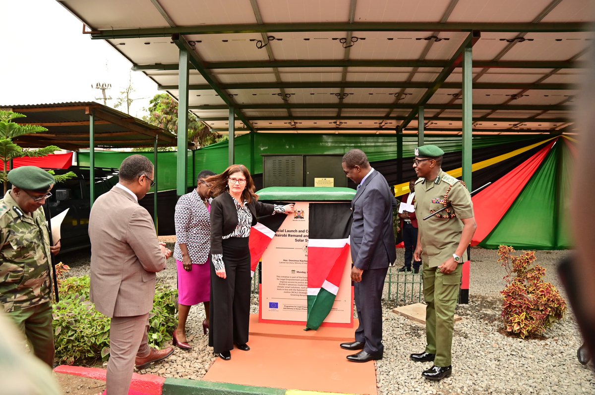 CorrectionalKE's tweet photo. A solar-powered hybrid system has been launched at the Nairobi Remand and Allocation Maximum Security Prison as efforts to enhance access to justice within correctional settings gathers pace.
The facility, which was commissioned by Energy and Petroleum Cabinet Secretary Opiyo Wandayi on Monday, was installed through the Programme for Legal Empowerment and Aid Delivery in Kenya – Phase Two (PLEAD II), funded by the European Union, and implemented by the United Nations Office on Drugs and Crime (UNODC) in partnership with the Government of Kenya.
Speaking during the commissioning, the CS said the government remains committed to the delivery of justice that is accessible, efficient and people centered.
“This investment is testament to how multilateral partnerships can transform correctional services in the country. The government is investing in correctional services that are environmentally responsive and alert to the needs of the citizenry.” Observed the CS.
Besides contributing to reduced electricity cost, the CS said the investment strengthens security as well as the provision of essential services including virtual court hearings thereby ensuring continuity in the delivery of justice.
He pledged his ministry commitment to work with the State Department for Correctional Services in its quest to adopt green solutions including transition and sustainability.
Speaking during the event, Correctional Services Principal Secretary Dr. Salome Beacco said the project aligns with the government’s commitment to enhance innovation, transformation and efficient service delivery, adding that it exemplifies shared commitment of providing practical solutions.
While lauding European Union and UNODC for their support, the PS said the government has prioritized strategic investments that are transforming Kenya’s correctional system.
According to European Union Ambassador Henriette Geiger, EU remains committed to supporting programmes that improve human rights and dignity saying it has already committed 70 million Euros towards reforming Kenya’s justice sector through digitization, solarization and access to justice for all.
UNODC Regional Representative Ali EL-Bereir says the solarization project is a people centered justice intervention saying it will reduce need for physical presentation of inmates to courts, attributed to frequent power interruptions, sentiments supported by Commissioner General of Prisons Patrick Aranduh who said it was testament to how collaborations can work to enhance access to justice and improve public service delivery.
The solar-powered hybrid system includes a 28.08 kWp solar plant, 40.96 kWh battery storage, 48 solar panels, three inverter chargers and eight batteries, providing 24 hours of power backup to key areas of the prison including on virtual Court hearings.
Nairobi Remand and Allocation Maximum Security Prison is one of Kenya’s busiest correctional facilities, holding about 3,900 inmates, most of whom are remandees awaiting trial. The prison supports approximately 200 to 500 virtual court sessions per day, linking inmates to courts in Nairobi and across the country.