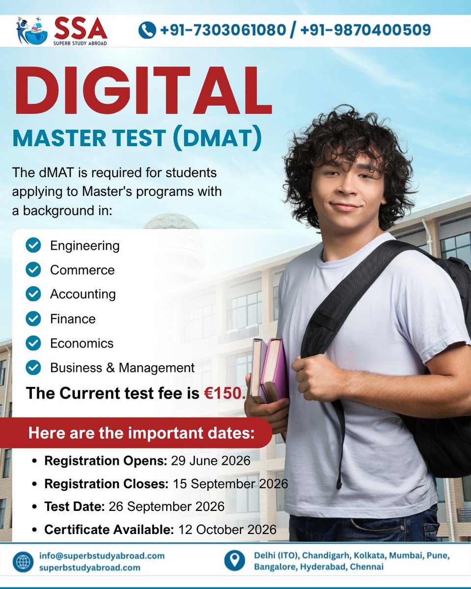 SuperbAbroad's tweet photo. Get expert guidance for dMAT registration and university admissions with Superb Study Abroad today and start your journey with confidence!
Call now - +91-7303061080, 9870400509
#StudyVisa #SuperbStudyAbroad #GlobalOpportunities #UGAdmissions #UGCourses #dmat #digitalmastertest https://t.co/xwbzcN0DSo