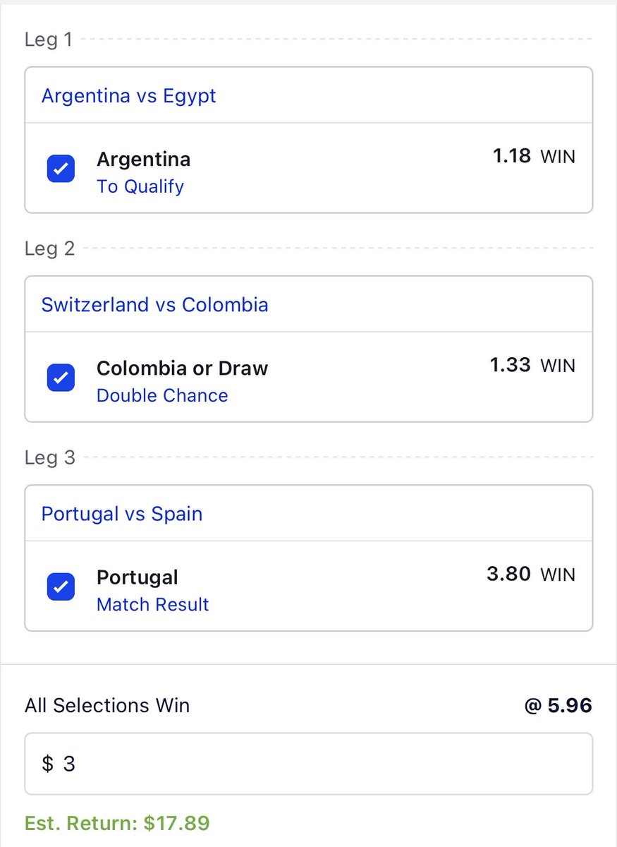 AquaBets2's tweet photo. England leg down ✅

💎 Hedge here @ 5.96 (3U)

- Portugal ML v Spain 🇵🇹

- Argentina to qualify v Egypt 🇦🇷

- Colombia or draw v Switzerland 🇨🇴 https://t.co/zcEVkNMxaM