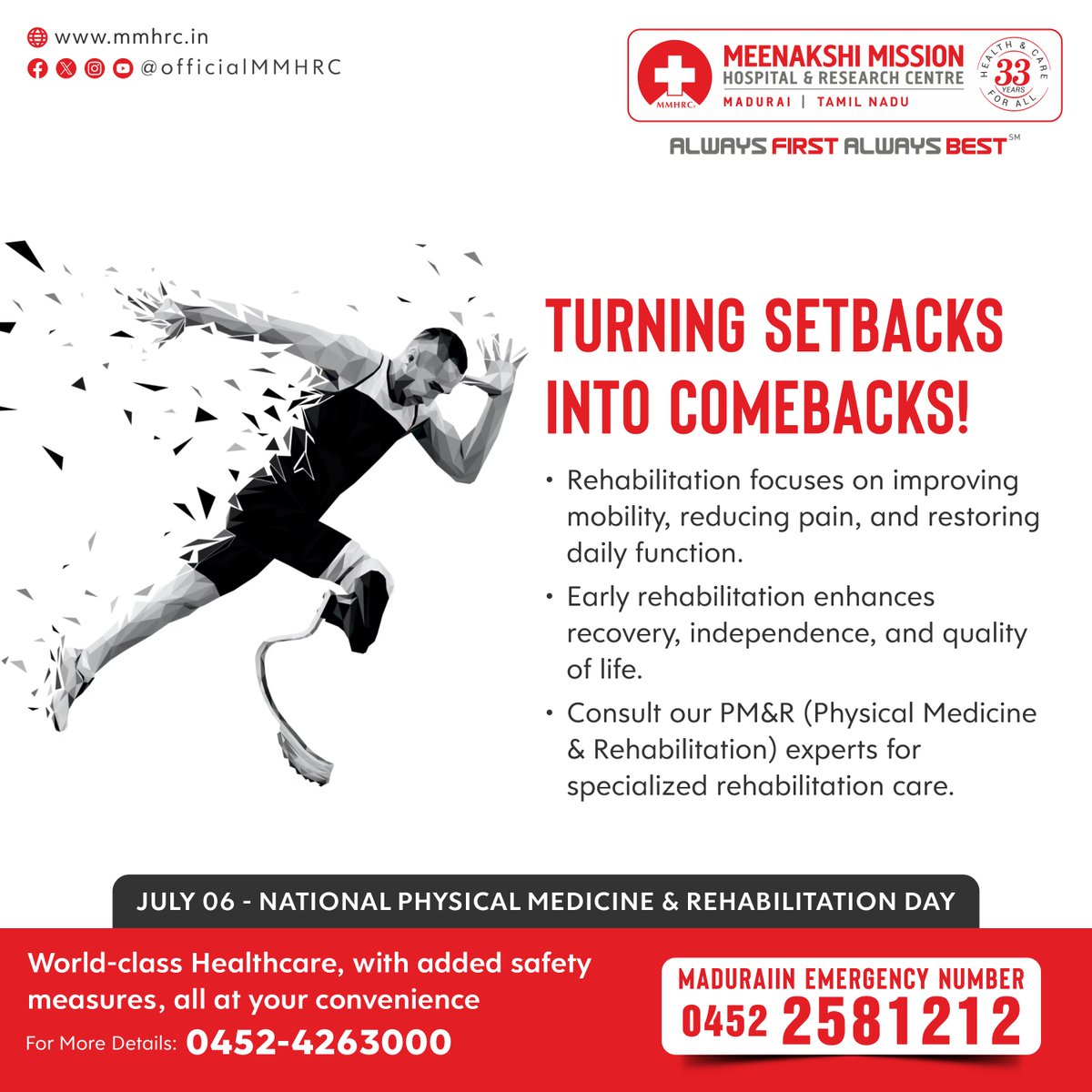 OfficialMMHRC's tweet photo. Rehabilitation focuses on improving mobility, reducing pain, and restoring daily function. Consult our PM&R (Physical Medicine & Rehabilitation) team for expert rehabilitation and long-term functional recovery.
#NationalPhysicalMedicineAndRehabilitationDay #PMRDay #Physiatry https://t.co/PZv2xdbJoJ