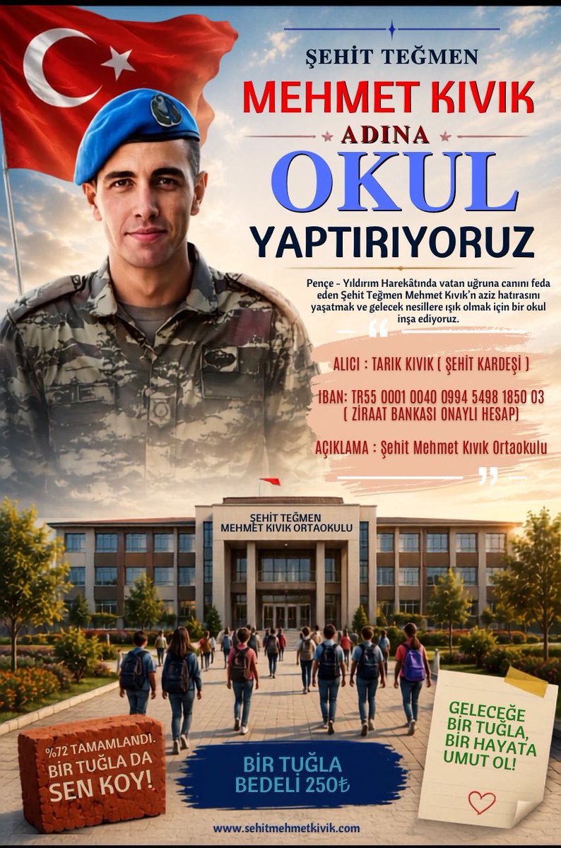 tegmenmkivik's tweet photo. Şehidimizin ailesi ve devre arkadaşlarımızın el ele vermesiyle başlayan okul projemizde %72 tamamlandı. Çukurca Kartalı Şehit Teğmen Mehmet Kıvık’ın aziz hatırasını ve şehidimizin kardeşi Tarık’ı bugün yalnız bırakmayın. Bir tuğla da siz koyun 🫡🇹🇷🏫

https://t.co/ZNme5OlAOa https://t.co/Pf2oed46Q7