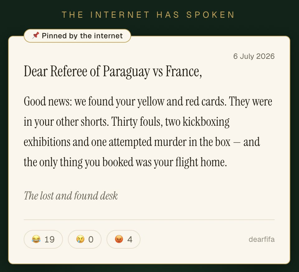 shutsen's tweet photo. Belgium apologised to Rudi. FIFA doesn't get an apology.

I built https://t.co/FCoutx5Y3a - a wall of open letters to football's overlords. Write yours, the funniest get pinned 📌

#FIFAWorldCup #PARFRA https://t.co/UdVxooM4nn