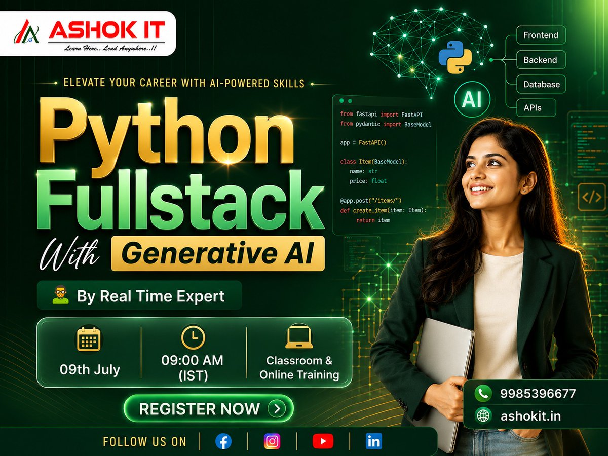 ashokitschool's tweet photo. 🚀 Launch Your IT Career with Python Full Stack with Generative AI! 🤖🐍
📲 Register Now: https://t.co/Wi6uTiRMD8
📅 Date: 09th July
🕘 Time: 09:00 AM (IST)
💻 Mode: Classroom & Online
#Python #PythonFullStack #GenerativeAI #AI #FullStackDeveloper #PythonDeveloper #ITTraining https://t.co/KNkliF0iBX