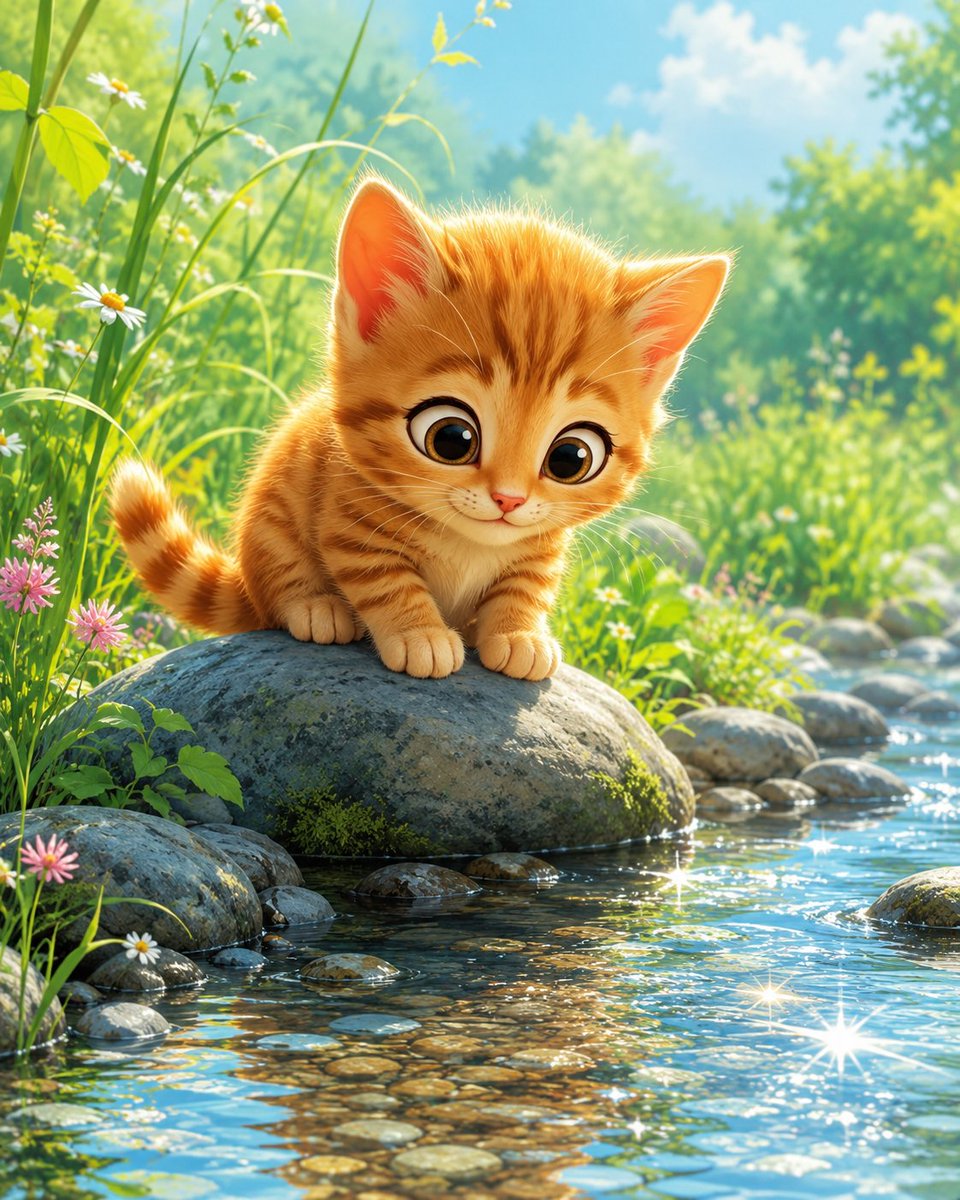 hiromi3572's tweet photo. おはようございます☀️
7月7日は「#川の日」です。#猫AIイラスト

朝の小さな川を、
きなこがじーっと見つめています🐾

水面がきらきらしているだけで、
少し涼しい気持ちになりますね🌿

今日も、心にやさしい風が流れる
穏やかな一日になりますように✨ https://t.co/z5A3VNIR5e