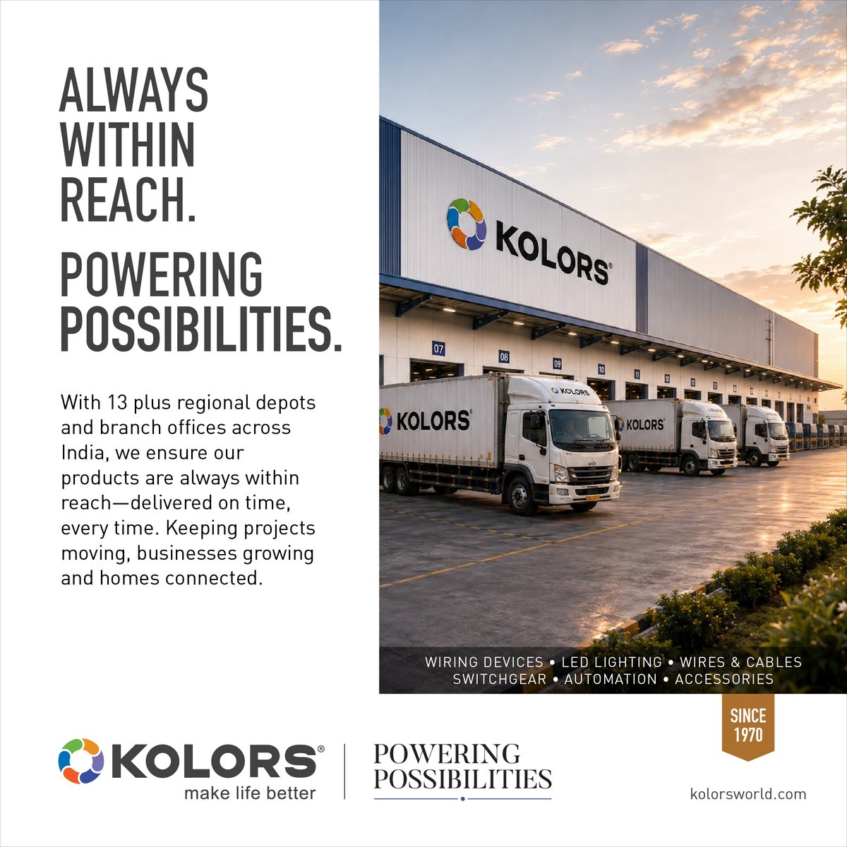 KolorsIndia_tw's tweet photo. Great products deserve dependable delivery. With 13+ regional depots and several branch offices across India, Kolors ensures quality solutions are always within reach, delivered on time, every time.💫
#AlwaysWithinReach #OnTimeEveryTime #NationwideDelivery #KolorsLogistics https://t.co/IU86fsgq4L
