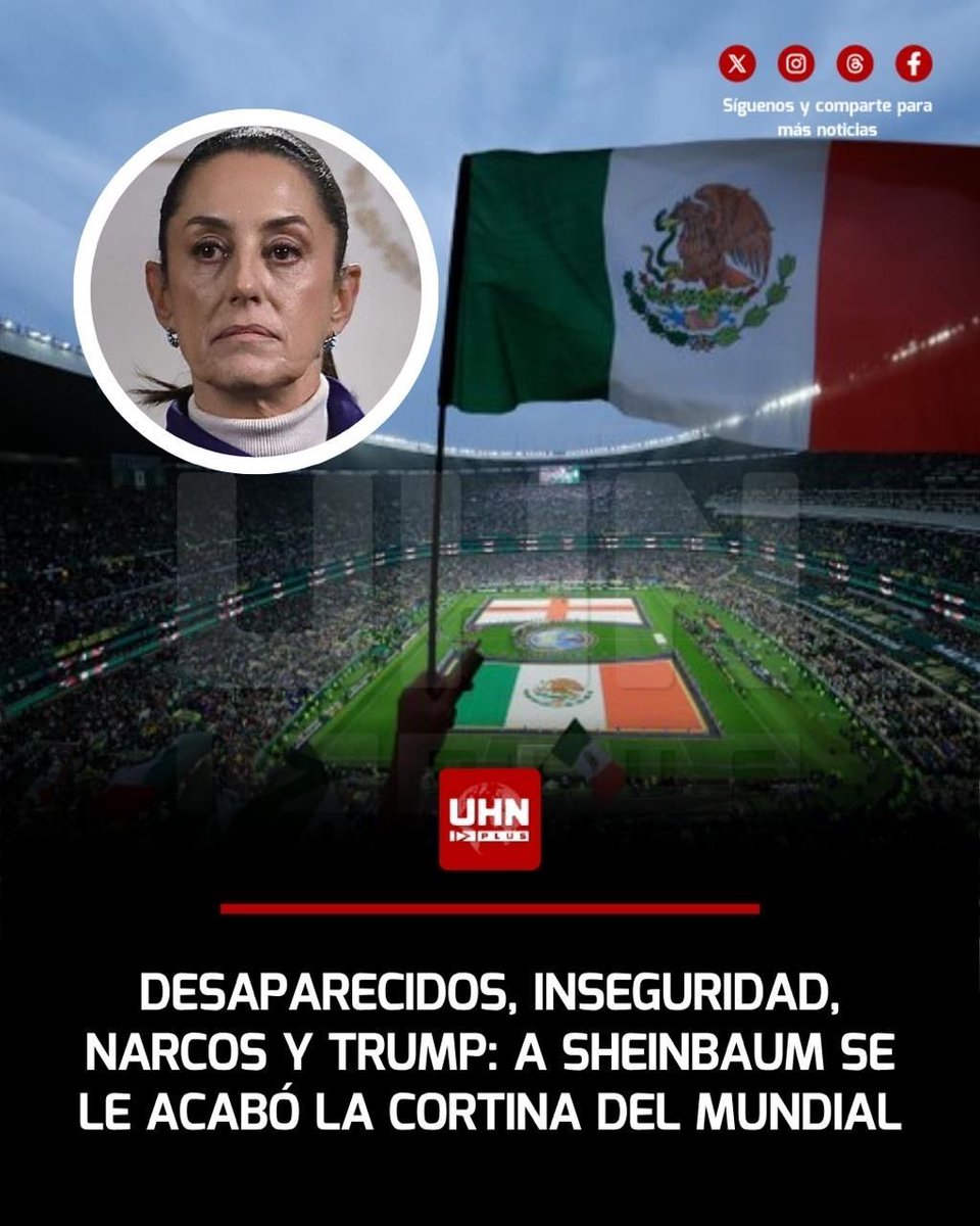 UHN_Plus's tweet photo. 🇲🇽‼️| El Mundial acabó para México en todos los aspectos: deja de ser sede y su seleccionado quedó eliminado ante Inglaterra. De esta forma se acaba la cortina para Claudia Sheinbaum, que deberá ocuparse de las cuestiones reales de los mexicanos:

- Inseguridad
- ⁠Violencia narco
- ⁠Más de 135 mil desaparecidos 
- ⁠El rechazo de Estados Unidos al TMEC
- ⁠La amenaza del Chapo
- ⁠La situación de Rocha Moya
- ⁠La inmensa cantidad de tensiones sociales