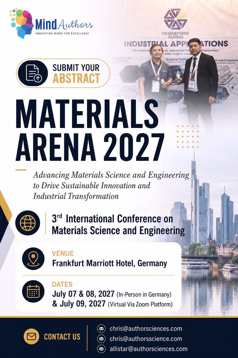 Materials_arena's tweet photo. Bring your research to an international stage.

Materials Arena 2027 invites abstract submissions from researchers, scientists, and industry professionals.
📍Frankfurt, Germany
📅 July 07–09, 2027

https://t.co/hIU6jjtSr8
#MaterialsArena2027 #AdvancedMaterials #SmartMaterials https://t.co/UNdB2lBMZN