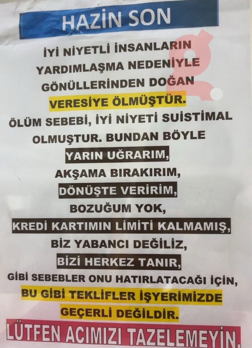 gundemio's tweet photo. İstanbul’da bir esnafın astığı veresiye duyurusu: https://t.co/R72tI63lwA