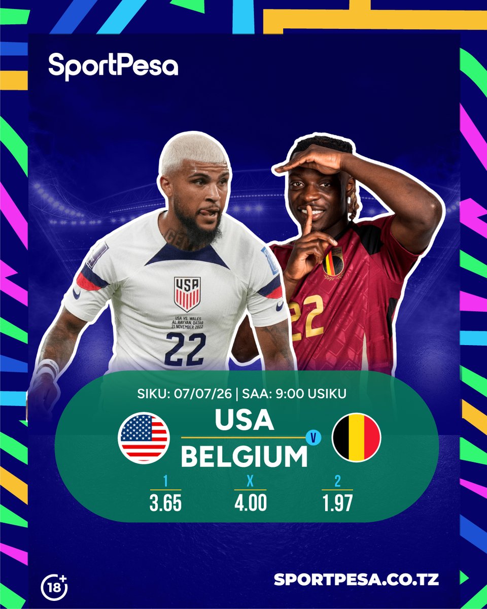 TZSportPesa's tweet photo. Chukua na hii kama kifungashio

USA ⚔️ Belgium

Suka mkeka na App au https://t.co/FOkjomibMX

#TwenzetuDuniani #sportpesa #makeitcount https://t.co/Cl936hZ73g