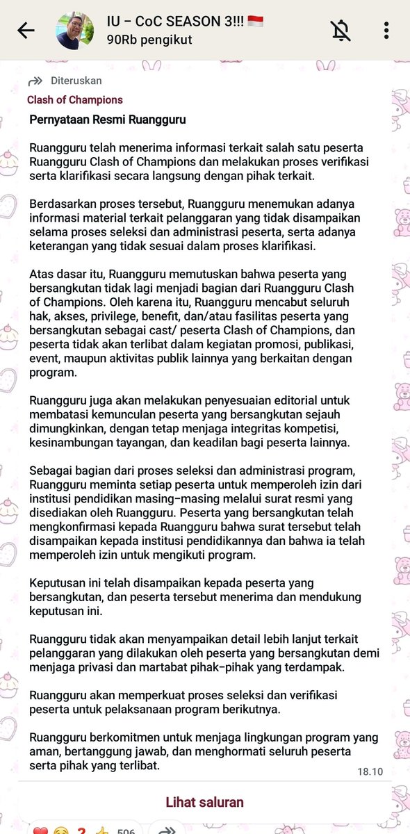cinnamonaww's tweet photo. KASUS RESMI SELESAI ‼️‼️

aku sampaikan klo kasus ini sudah ditindak dengan baik oleh pihak rg dan pelaku resmi dikeluarkan dari Clash Of Champions. dgn ini aku nyatakan kasus sdh selesai tinggal nunggu pelaku minta maaf.  makasi banyak semua yg udah mau bantu up kasus ini 🩷 https://t.co/m84QhI9XTg