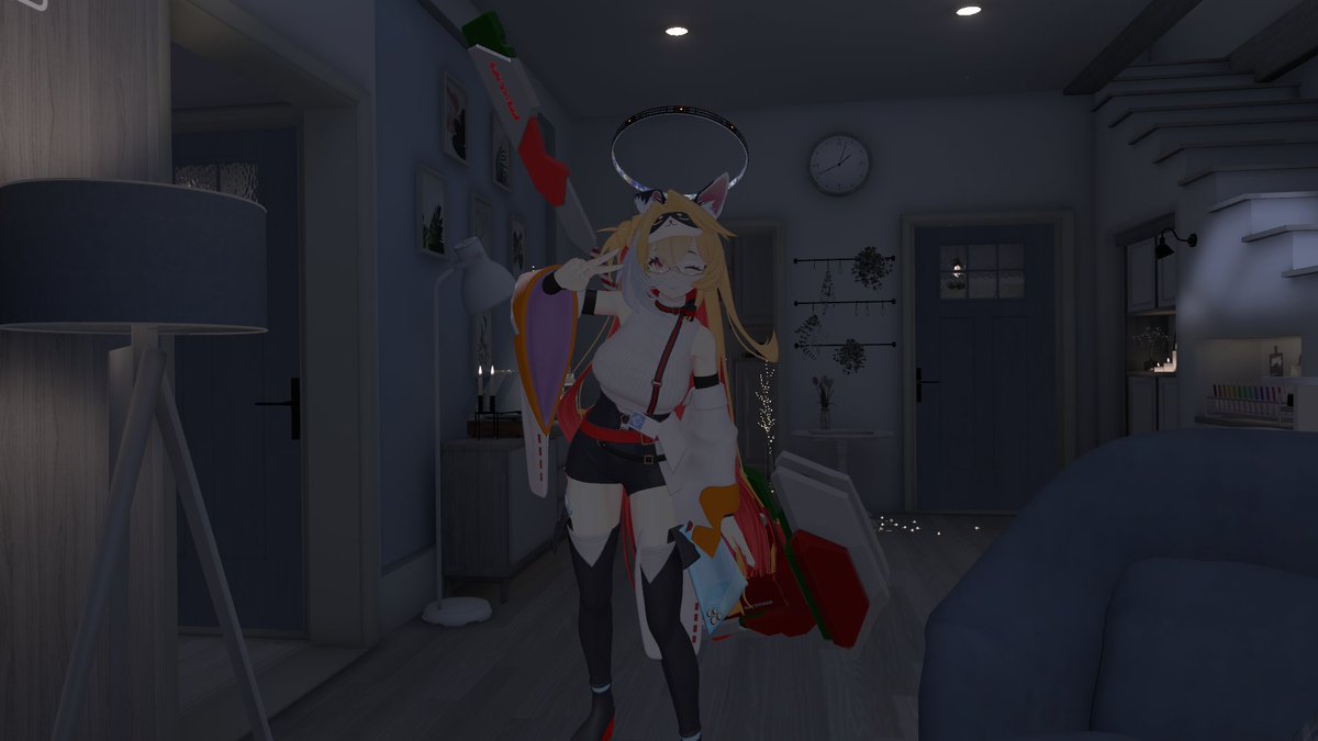 knowled07386640's tweet photo. コマネちゃんお迎えして早速VRChatへ。
改変は髪、服の色の変更、肌、眼に #nekonoteArtWorks さんの「 #ギャルゲ風肌テクスチャ 」を使用。
メガネは #GRAYCE_VRC さん作の「Rosaquartz」、
頭に DELTAWERKZさん作の「Ringworld Halo」,
そしてなんかハンマーが合いそうだったので #IRREGULARS さんの「Showdown」を持たせてみた。
良い感じに収まった、気がする
#komane3d
