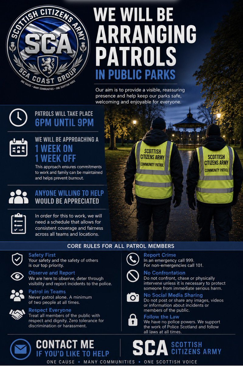 ScottishCA's tweet photo. Recent attacks in our parks have left many people concerned. We're responding by organising community patrols to provide a visible presence, deter anti-social behaviour, and report incidents. Together, we can help make our parks feel safer for everyone. https://t.co/eOPpq2SmSL