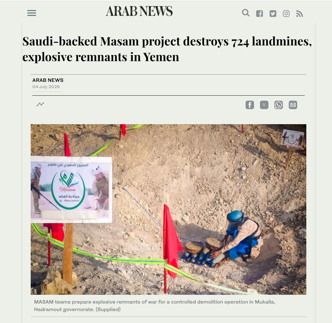 Masam_ENG's tweet photo. In today's #MediaRoundup: Thank you to @arabnews for continuing to highlight Project Masam's humanitarian #MineAction in #Yemen and our latest bulk demolition of 724 landmines and explosive remnants of #war recovered during clearance operations.

Read the coverage here: https://t.co/NBO5OJEA8I @UNMAS