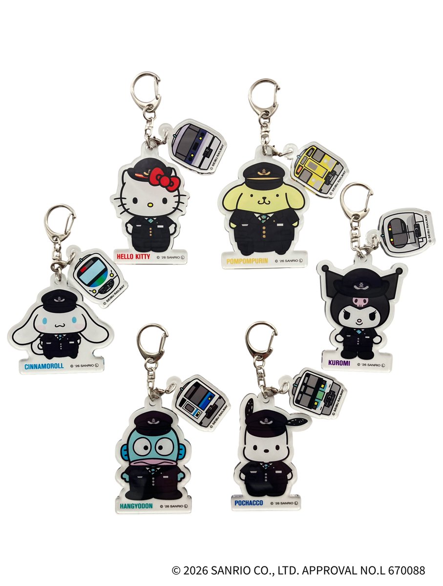 convenichecker's tweet photo. 「サンリオキャラクターズ×西武鉄道」コラボグッズがトモニーで7月9日店頭発売、キティちゃん達が可愛い車掌さん姿で登場! 『ステッカー』『キーホルダー』『ミニタオル』が展開 https://t.co/F4DuUnBOkM 

#サンリオキャラクターズ #西武鉄道 #鉄道 ＃TOMONY

【サンリオキャラと車両の組み合わせ】
●NEW RED ARROW×ハローキティ
●2000系×ポムポムプリン
●30000系×シナモロール
●Laview×クロミ
●6000系×ハンギョドン
●8000系×ポチャッコ