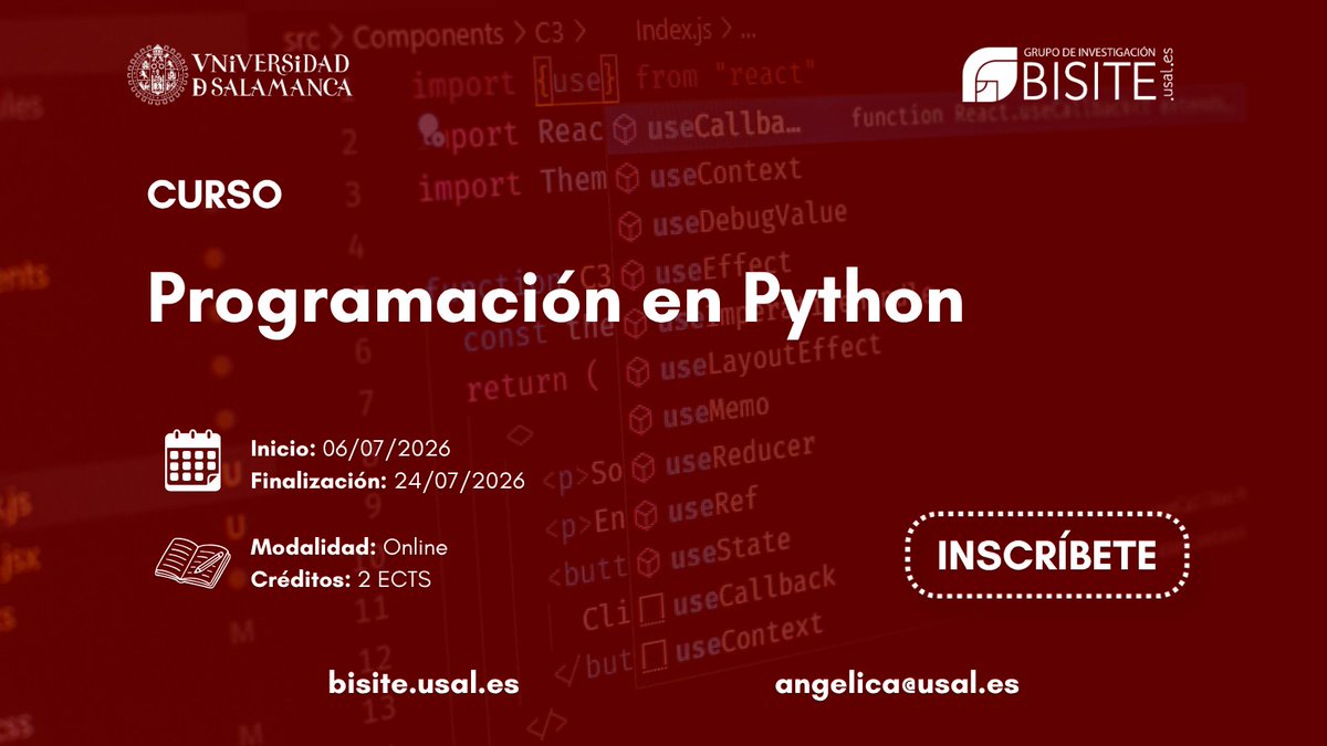 BISITE_USAL's tweet photo. Último día para inscribirte en los cursos online "Inteligencia artificial: Aprendizaje automático y redes neuronales" y "Programación en Python" de la @usal y BISITE.

¡Aprovecha el descuento si eres estudiante!

📝 IA: https://t.co/MxdM7h6E6W
📝 Python: https://t.co/vI7IUgg0n3 https://t.co/mvS7I6UTbZ