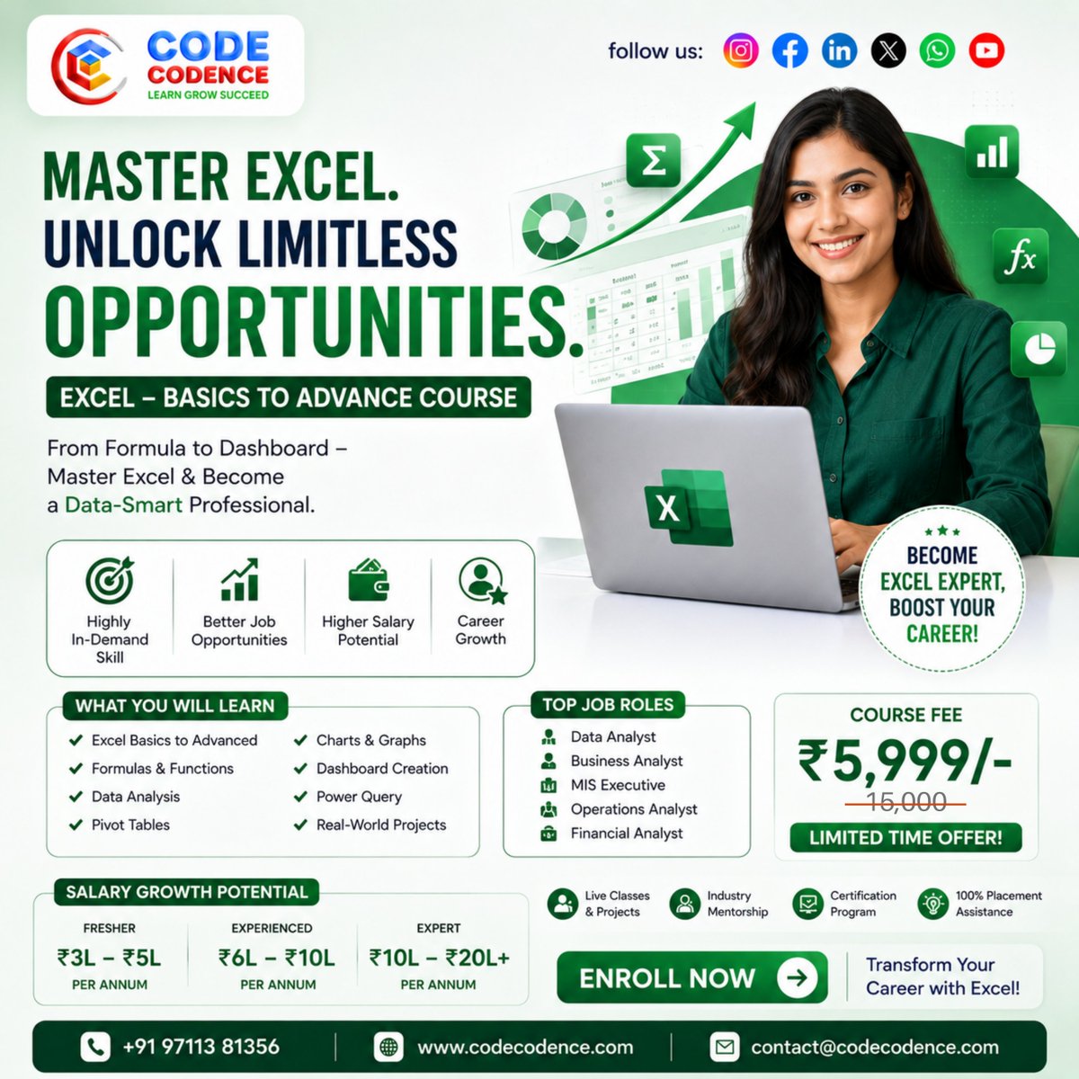 CodeCodence's tweet photo. MASTER EXCEL. UNLOCK LIMITLESS OPPORTUNITIES. 📊
EXCEL – BASICS TO ADVANCE COURSE

From Formula to Dashboard
Highly In-Demand Skill
Jobs: Data Analyst, MIS, Finance
Salary: ₹3L – ₹20L+ LPA
Course Fee: ₹5,999/-🔥
100% Placement Assistance

Enroll: https://t.co/FOi2JbWrMP
#Excel https://t.co/8hPmB88hrX
