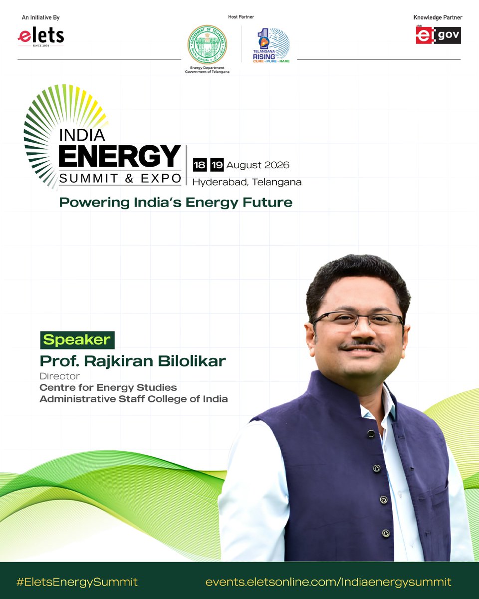 egovonline's tweet photo. We welcome Prof. Rajkiran Bilolikar, Director, Centre for Energy Studies, Administrative Staff College of India (ASCI), as a distinguished speaker at the India Energy Summit & Expo 2026.
ππ±π©π«ππ¬π¬ ππ§πππ«ππ¬π: https://t.co/qgOU9RoZtN
#EletsEnergySummit https://t.co/8cKkXVQqVG