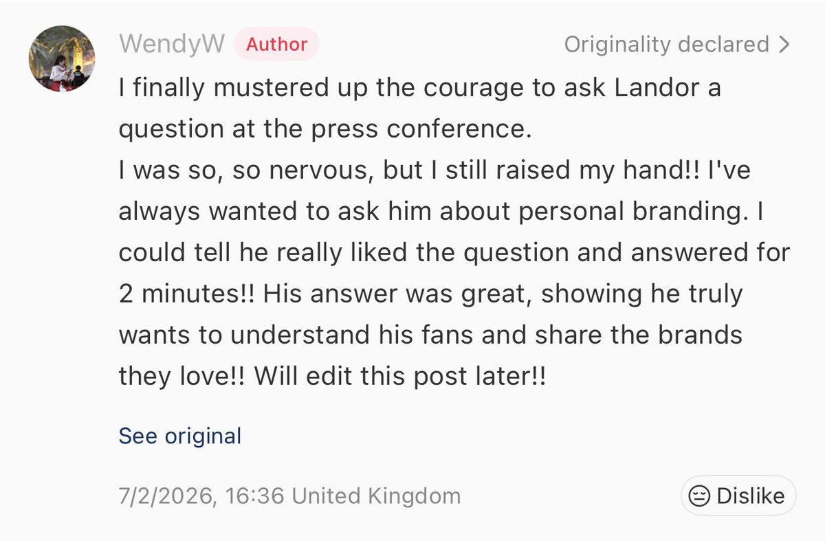 ln4norris's tweet photo. the journalist said she’d always wanted to ask him but was too nervous ☹️ genuinely one of the best questions we’ve heard, in a while. https://t.co/ZeA1WSQaup