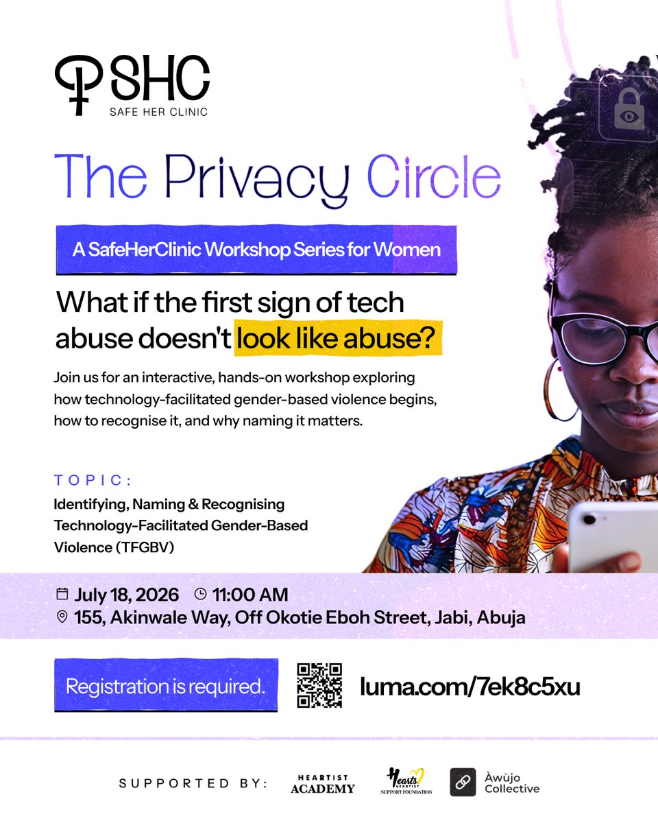 cybersafehq's tweet photo. How do you know when "care" becomes control?
Many forms of tech abuse don't begin with threats. They begin with behaviours we've been taught to ignore.
Join us in Abuja for The Privacy Circle.
Register: https://t.co/lkkt3tYkQO
#ThePrivacyCircle https://t.co/LeRKIYggkS