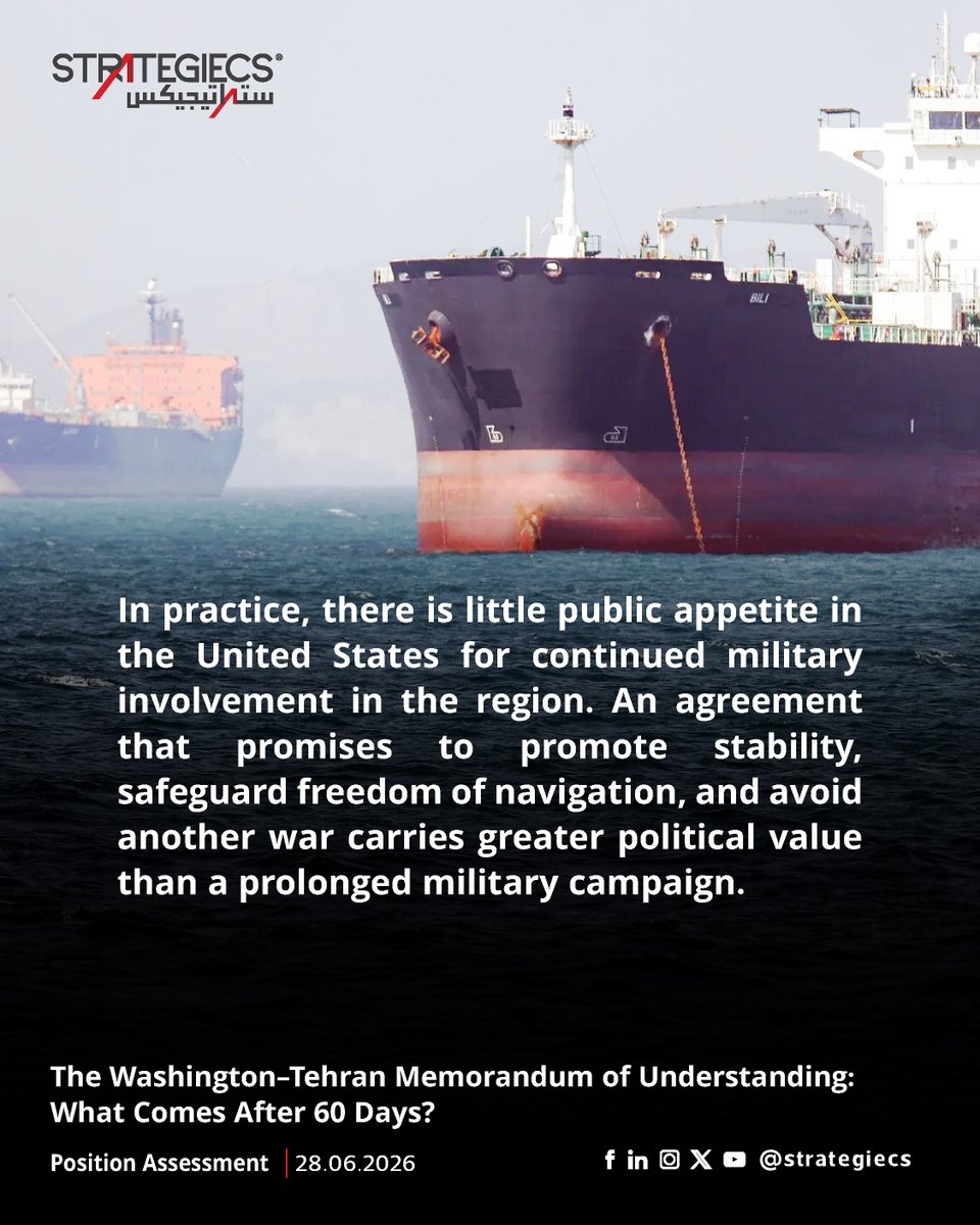 strategiecs's tweet photo. In practice, there is little public appetite in the United States for continued military involvement in the region. An agreement that promises to promote stability, safeguard freedom of navigation, and avoid another war carries greater political value than a prolonged military campaign.
#ستراتيجيكس #STRATEGIECS
https://t.co/owCpa8HkBm