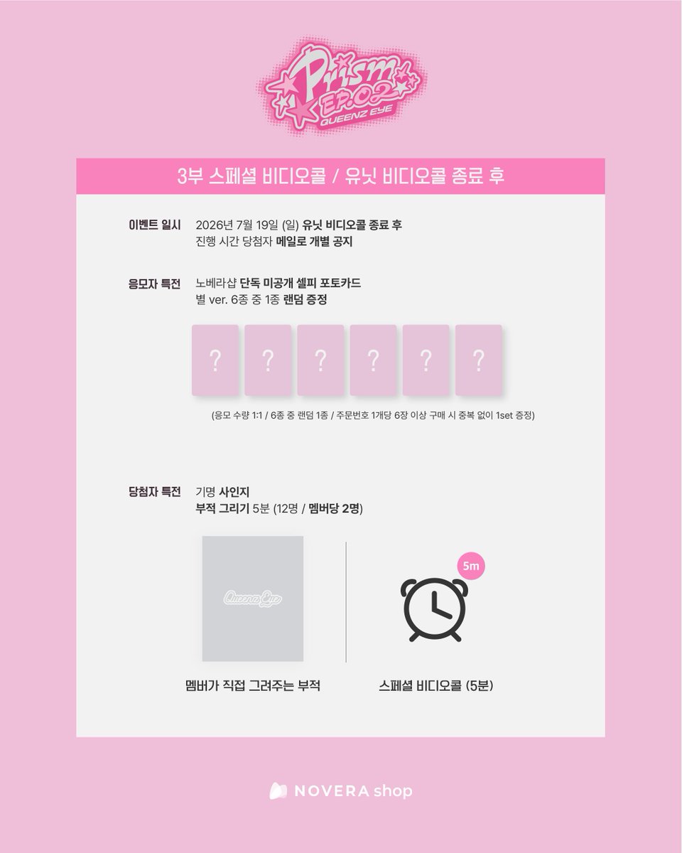 auroramuzshop's tweet photo. #QueenzEye #퀸즈아이2nd 
Mini Album [PRISM EP.02] 
📢1:1 / 2:1 / 스페셜 부적그리기 이벤트 오픈
⏰~ 7월 10일(금) 23:59 KST 까지 진행! 
🇰🇷KR :https://t.co/dLoYv98TXx 
🌐US : https://t.co/E1szdTlyFL
많은 참여 부탁드립니다 🙏🏻
#노베라 #퀸즈아이
@Queenz_Eye https://t.co/gAaK7Fr9NN